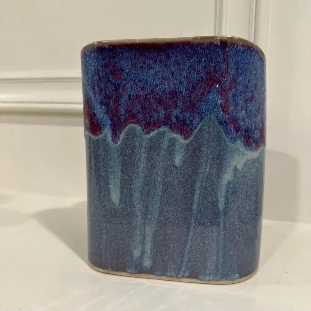 Bay Pottery Blue Purple Ceramic Drip Glaze Art Pottery Stoneware Triple Bud Vase